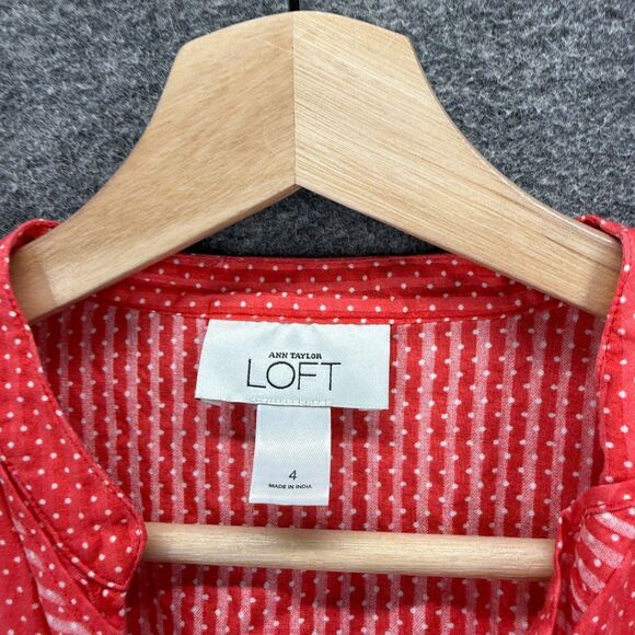 Loft Blouse Women 4 Red Polka Dot V-Neck 3/4 Sleeve Cotton Casual Pullover - Picture 3 of 7